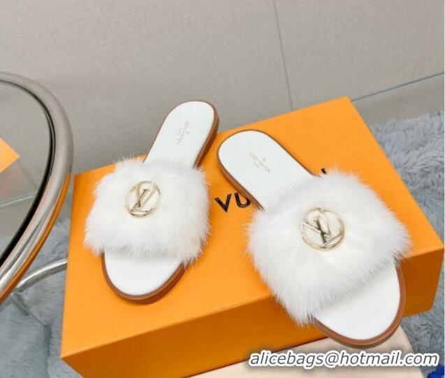 Charming Louis Vuitton LV Mink Fur Flat Slide Sandals White 609046