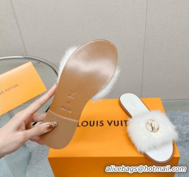 Charming Louis Vuitton LV Mink Fur Flat Slide Sandals White 609046