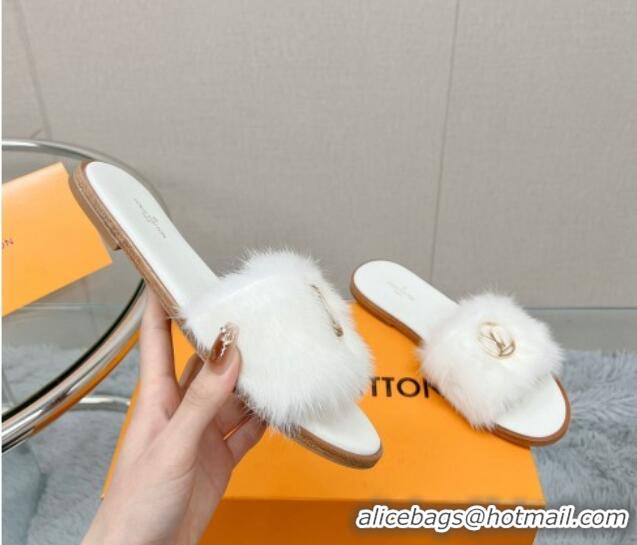 Charming Louis Vuitton LV Mink Fur Flat Slide Sandals White 609046