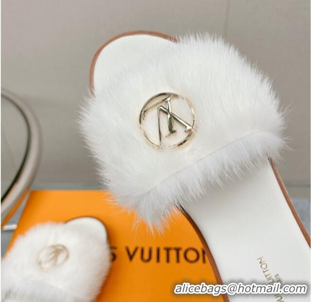 Charming Louis Vuitton LV Mink Fur Flat Slide Sandals White 609046