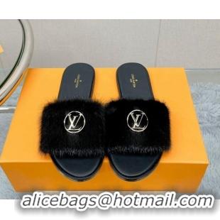 Stylish Louis Vuitton LV Mink Fur Flat Slide Sandals Black 609047