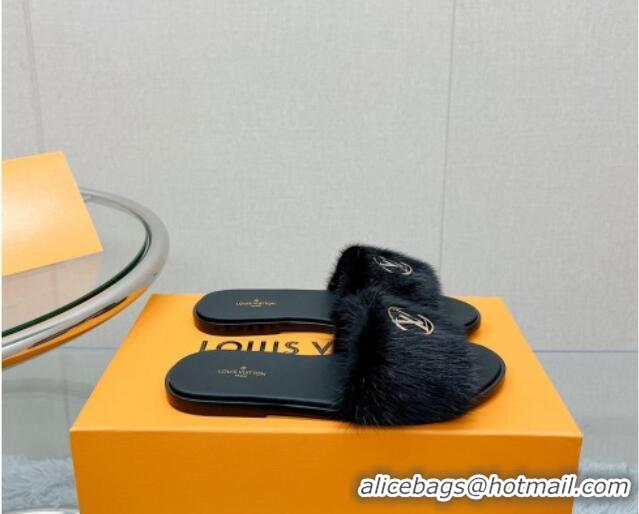 Stylish Louis Vuitton LV Mink Fur Flat Slide Sandals Black 609047