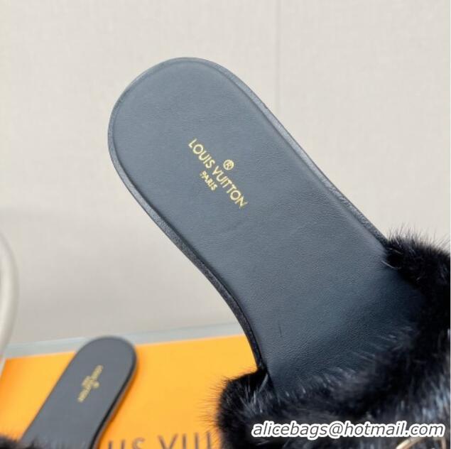 Stylish Louis Vuitton LV Mink Fur Flat Slide Sandals Black 609047