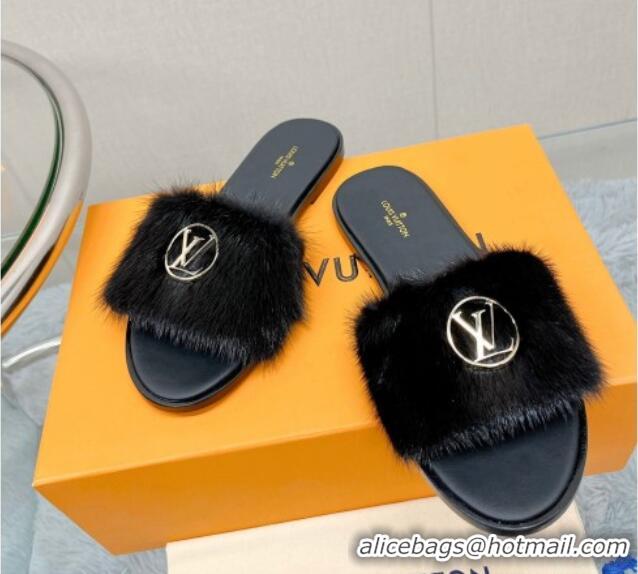 Stylish Louis Vuitton LV Mink Fur Flat Slide Sandals Black 609047