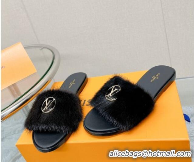 Stylish Louis Vuitton LV Mink Fur Flat Slide Sandals Black 609047