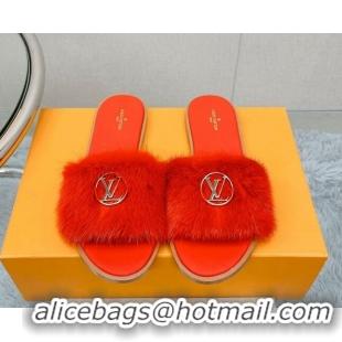 Shop Cheap Louis Vuitton LV Mink Fur Flat Slide Sandals Red 609048