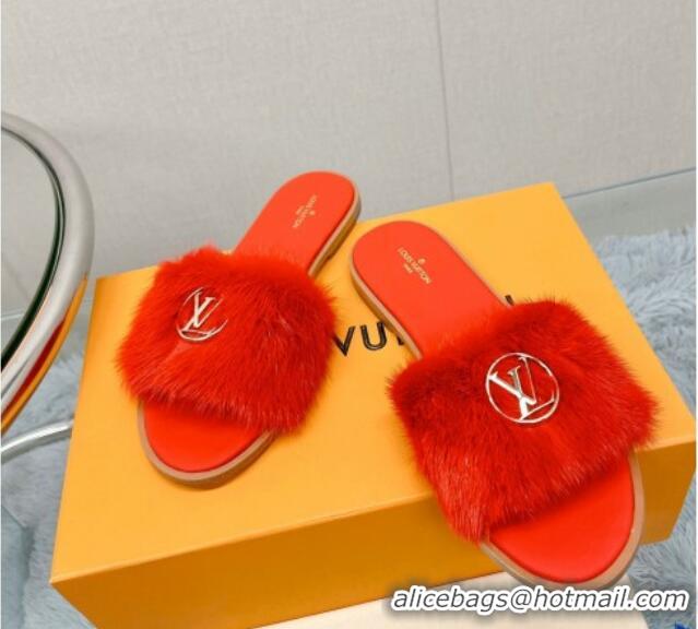 Shop Cheap Louis Vuitton LV Mink Fur Flat Slide Sandals Red 609048