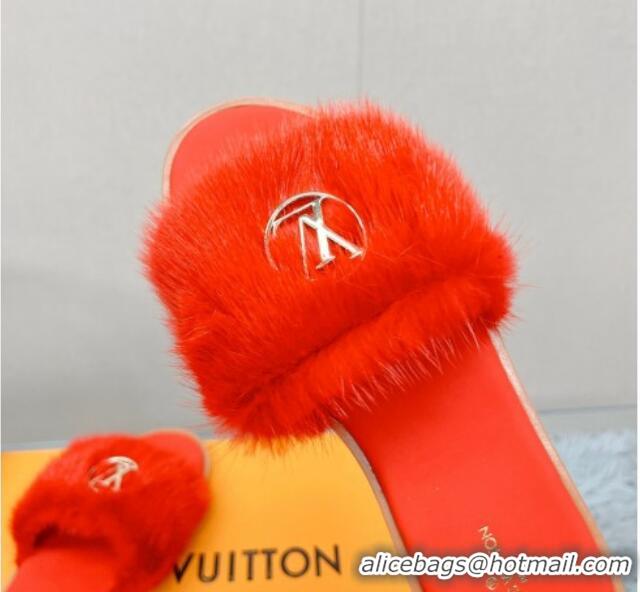 Shop Cheap Louis Vuitton LV Mink Fur Flat Slide Sandals Red 609048