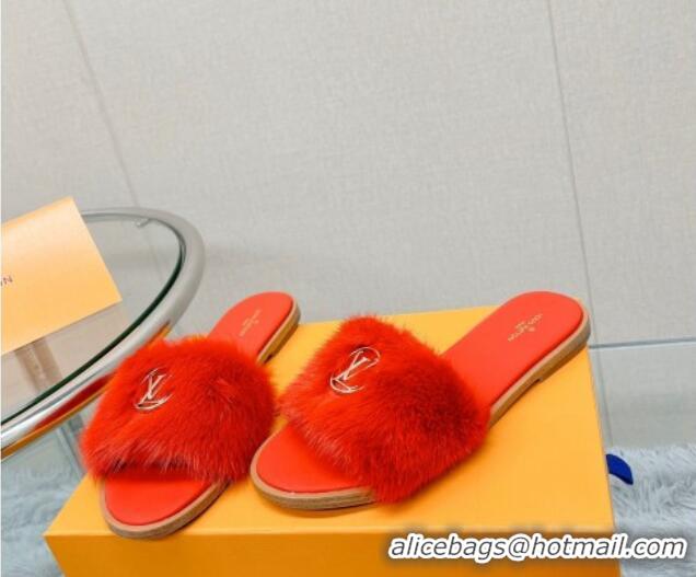 Shop Cheap Louis Vuitton LV Mink Fur Flat Slide Sandals Red 609048