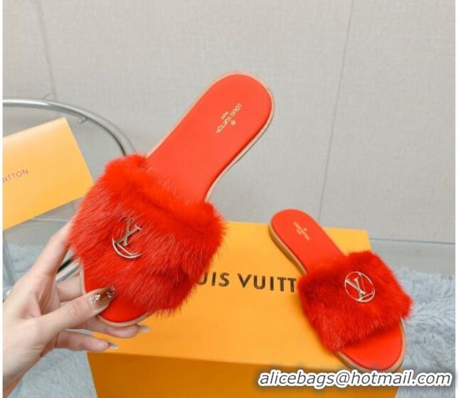 Shop Cheap Louis Vuitton LV Mink Fur Flat Slide Sandals Red 609048