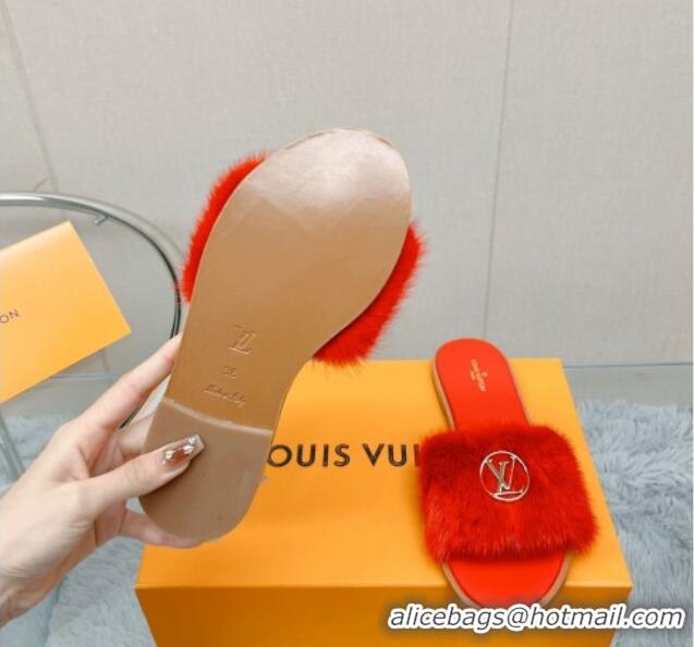 Shop Cheap Louis Vuitton LV Mink Fur Flat Slide Sandals Red 609048