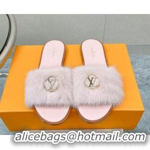 Luxurious Louis Vuitton LV Mink Fur Flat Slide Sandals Light Pink 609049