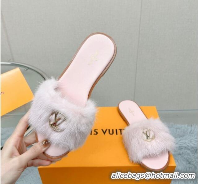 Luxurious Louis Vuitton LV Mink Fur Flat Slide Sandals Light Pink 609049