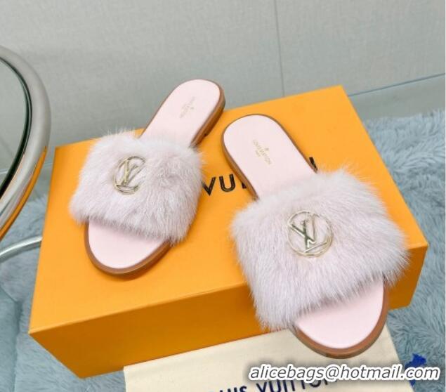 Luxurious Louis Vuitton LV Mink Fur Flat Slide Sandals Light Pink 609049