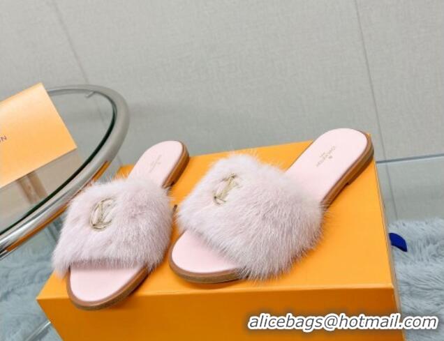 Luxurious Louis Vuitton LV Mink Fur Flat Slide Sandals Light Pink 609049