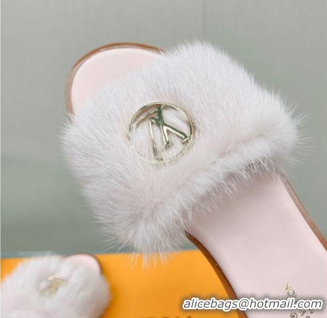 Luxurious Louis Vuitton LV Mink Fur Flat Slide Sandals Light Pink 609049