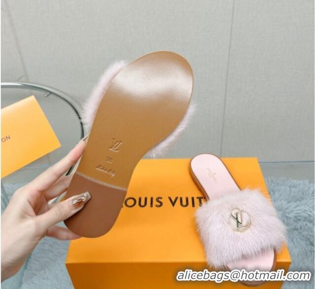 Luxurious Louis Vuitton LV Mink Fur Flat Slide Sandals Light Pink 609049