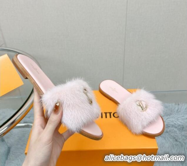 Luxurious Louis Vuitton LV Mink Fur Flat Slide Sandals Light Pink 609049