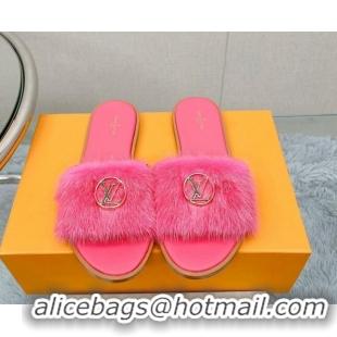 Good Quality Louis Vuitton LV Mink Fur Flat Slide Sandals Dark Pink 609050