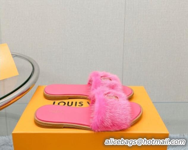 Good Quality Louis Vuitton LV Mink Fur Flat Slide Sandals Dark Pink 609050