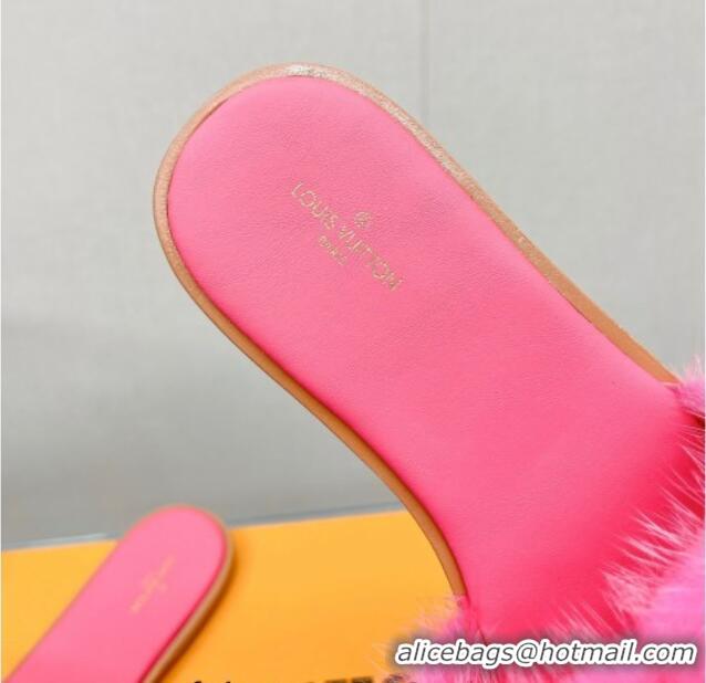 Good Quality Louis Vuitton LV Mink Fur Flat Slide Sandals Dark Pink 609050