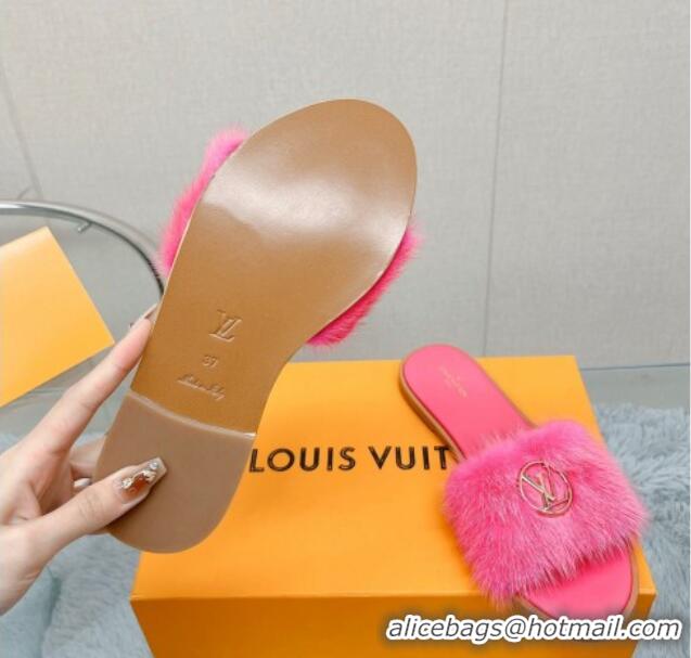 Good Quality Louis Vuitton LV Mink Fur Flat Slide Sandals Dark Pink 609050