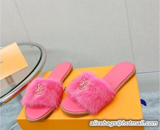 Good Quality Louis Vuitton LV Mink Fur Flat Slide Sandals Dark Pink 609050