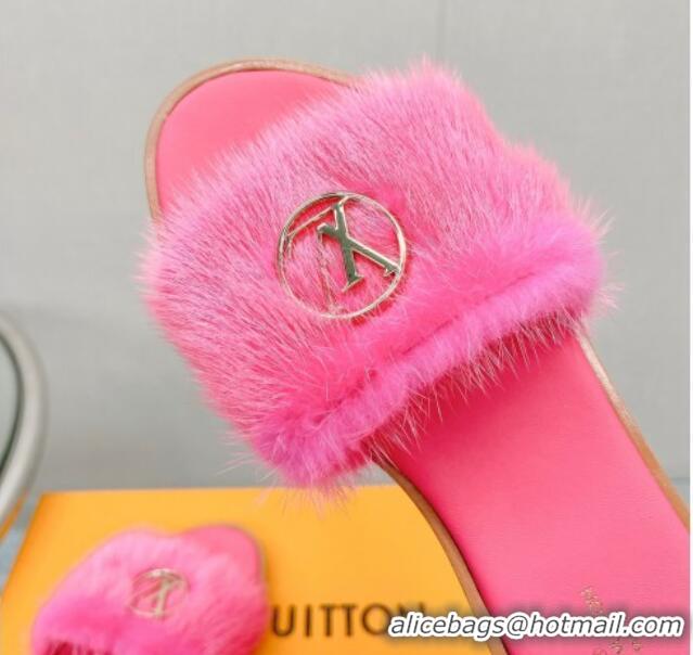 Good Quality Louis Vuitton LV Mink Fur Flat Slide Sandals Dark Pink 609050