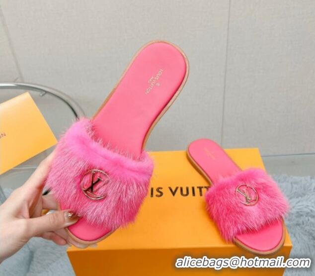 Good Quality Louis Vuitton LV Mink Fur Flat Slide Sandals Dark Pink 609050