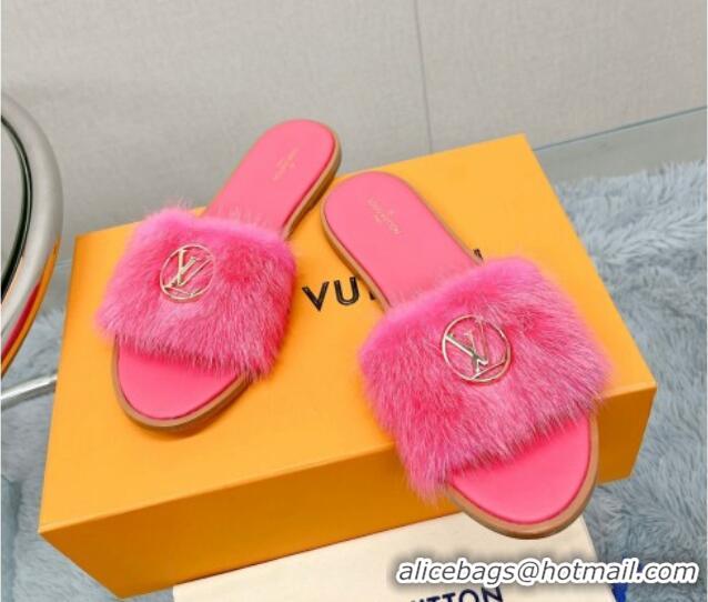 Good Quality Louis Vuitton LV Mink Fur Flat Slide Sandals Dark Pink 609050