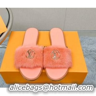 Good Quality Louis Vuitton LV Mink Fur Flat Slide Sandals Peachy Pink 609051