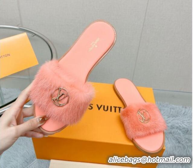 Good Quality Louis Vuitton LV Mink Fur Flat Slide Sandals Peachy Pink 609051