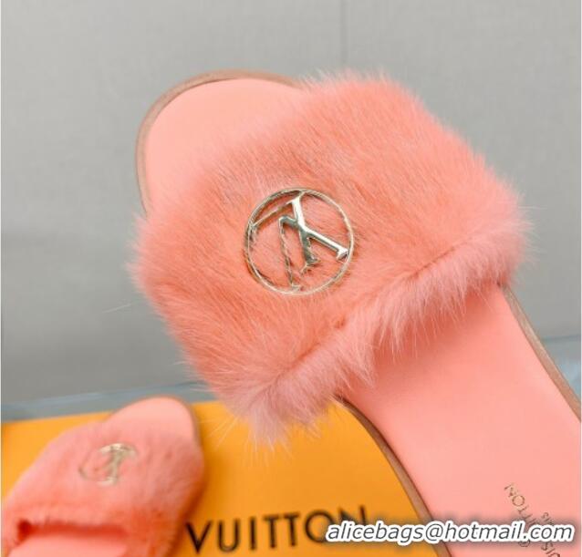 Good Quality Louis Vuitton LV Mink Fur Flat Slide Sandals Peachy Pink 609051