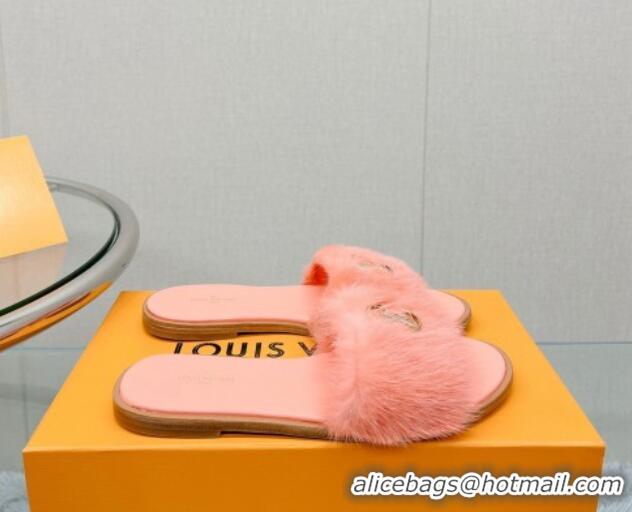 Good Quality Louis Vuitton LV Mink Fur Flat Slide Sandals Peachy Pink 609051