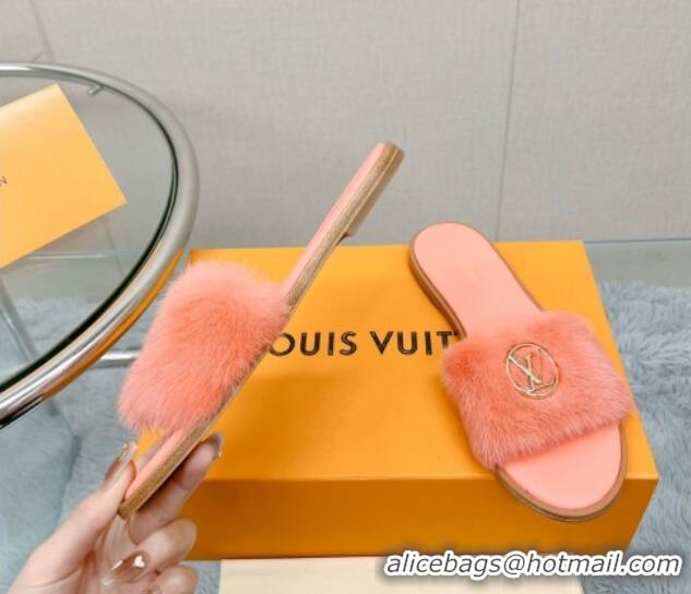 Good Quality Louis Vuitton LV Mink Fur Flat Slide Sandals Peachy Pink 609051