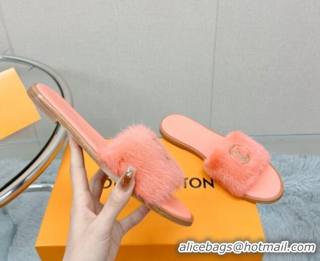 Good Quality Louis Vuitton LV Mink Fur Flat Slide Sandals Peachy Pink 609051