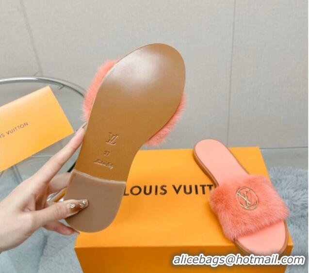 Good Quality Louis Vuitton LV Mink Fur Flat Slide Sandals Peachy Pink 609051