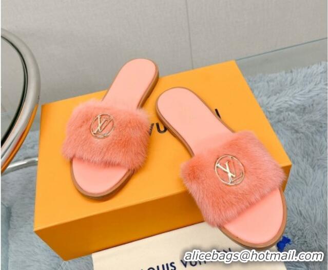 Good Quality Louis Vuitton LV Mink Fur Flat Slide Sandals Peachy Pink 609051