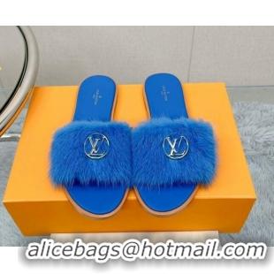 Best Product Louis Vuitton LV Mink Fur Flat Slide Sandals Blue 609052