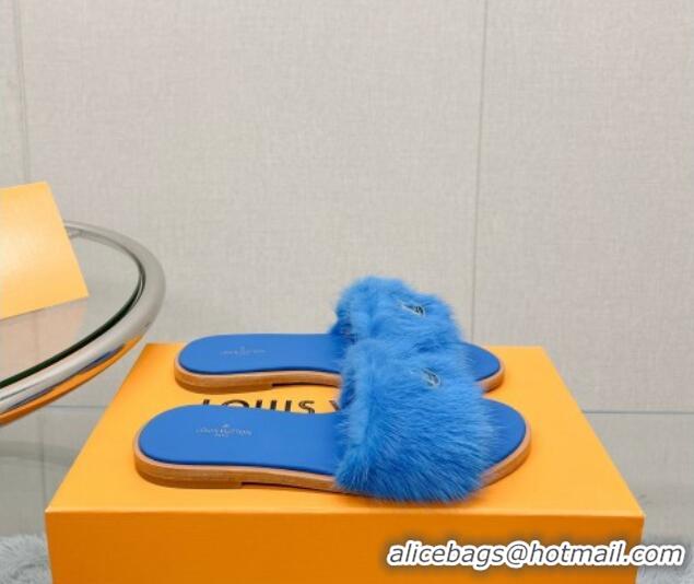 Best Product Louis Vuitton LV Mink Fur Flat Slide Sandals Blue 609052