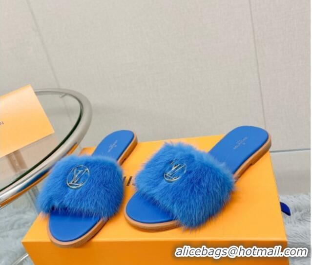 Best Product Louis Vuitton LV Mink Fur Flat Slide Sandals Blue 609052