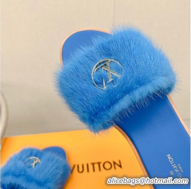 Best Product Louis Vuitton LV Mink Fur Flat Slide Sandals Blue 609052