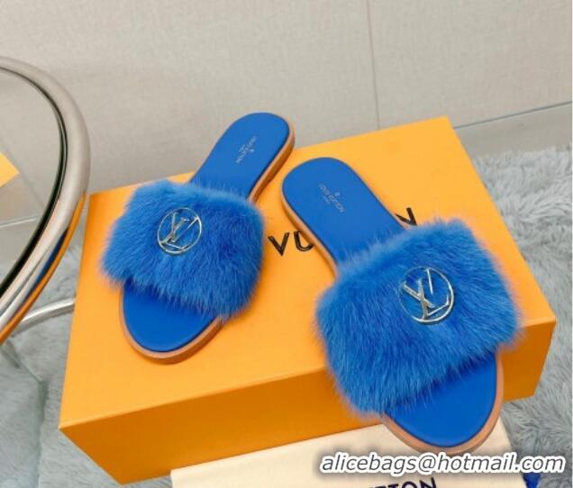 Best Product Louis Vuitton LV Mink Fur Flat Slide Sandals Blue 609052