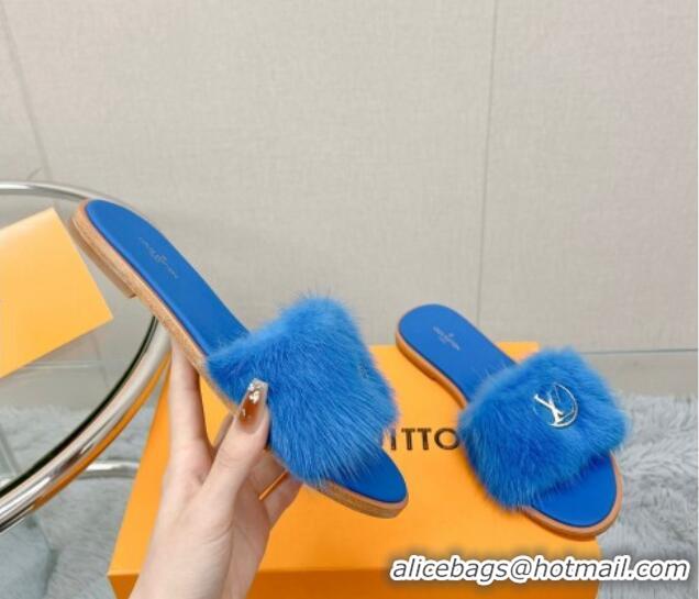 Best Product Louis Vuitton LV Mink Fur Flat Slide Sandals Blue 609052