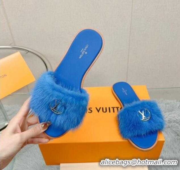 Best Product Louis Vuitton LV Mink Fur Flat Slide Sandals Blue 609052