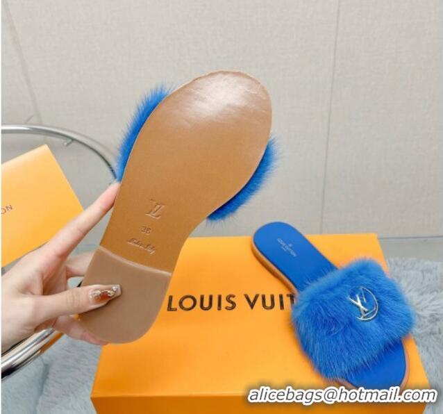 Best Product Louis Vuitton LV Mink Fur Flat Slide Sandals Blue 609052