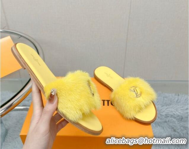 Best Price Louis Vuitton LV Mink Fur Flat Slide Sandals Yellow 609053