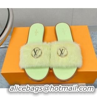 Pretty Style Louis Vuitton LV Mink Fur Flat Slide Sandals Light Green 609054