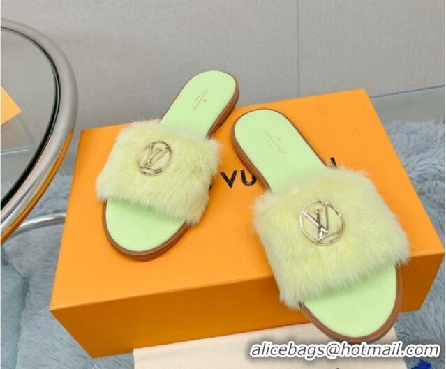 Pretty Style Louis Vuitton LV Mink Fur Flat Slide Sandals Light Green 609054