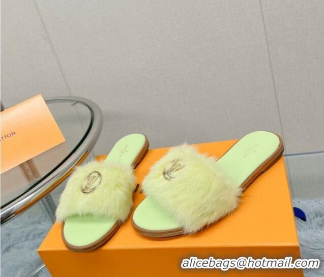 Pretty Style Louis Vuitton LV Mink Fur Flat Slide Sandals Light Green 609054